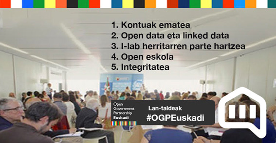 OGP Euskadiko lan-taldeak: 1. Kontuak ematea; 2. Open data eta linked data; 3. I-lab herritarren parte hartzea; 4. Open eskola; 5. Integritatea.