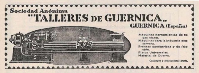 Anuncio de Talleres de Guernica en la revista Ingeniería y Construcción. Agosto de 1925.