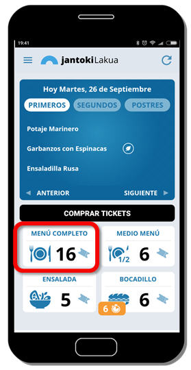 pantalla ticket en la aplicación para móviles
