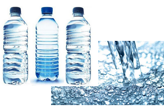 Agua y tres botellas de agua.