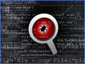 Una lupa enfoca a un insecto, sobre un fondo negro lleno de letras en blanco.