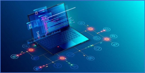 Imagen de un ordenador rodeado de iconos sobre fondo azul.