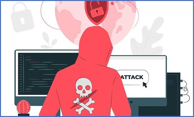 Dibujo de una persona con una sudadera roja en la que se ve el s&iacute;mbolo de una calavera cruzada por dos huesos, representado un ataque de hacking.