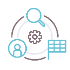 Eskema zirkularra, engranaje-gurpil bat duena erdian, zibersegurtasunaren prozesuak irudikatzen dituena.