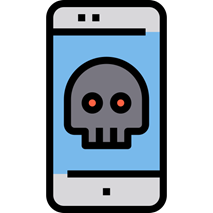 Dibujo de un móvil con el icono de una calavera en su pantalla.