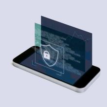 Mugikor baten marrazkia, barruan giltzarrapo bat duen ezkutu baten 3Dko irudi batekin. Gailu mugikorretan malwarearen aurkako defentsa irudikatzen du.