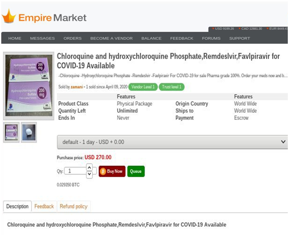 Imagen de una tienda online que ofrece una venta fraudulenta de vacunas o fármacos falsos contra la COVID-19.