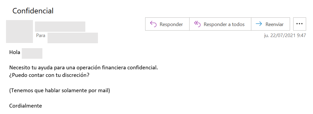 Enpresa baten CEOaren itxura duen iruzur baten posta elektronikoko mezu baten irudia.