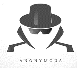 Dibujo de una figura con una gabardina negra, sombrero y gafas oscuras, y la palabra "anonymous" debajo. 