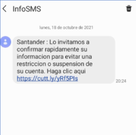 Imagen de un mensaje por SMS que simula proceder de un banco, perteneciente a un ataque de phishing.