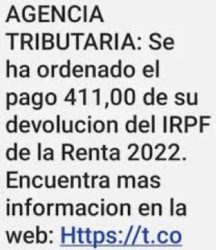 Phishing eraso bateko Zerga Administrazioko Estatu Agentziaren itxura egiten duen SMS bidezko mezu baten irudia.