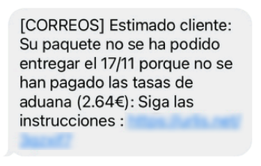 Phishing eraso bateko Posta Zerbitzuaren itxura egiten duen SMS bidezko mezu baten irudia.