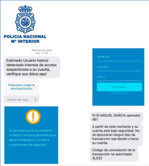 Polizia Nazionalak phishing eraso batean zabaldutako SMS bidezko elkarrizketa baten irudia.