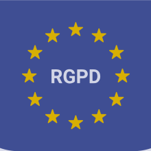 Imagen de fondo con la bandera de la Unión Europea y las iniciales del Reglamento General de Protección de Datos o RGPD.