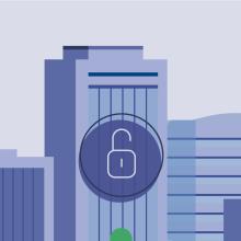 Fatxaden aurrean giltzarrapo bat duten eraikin batzuen marrazkia, CISen segurtasun-kontrolak irudikatzen dituena.