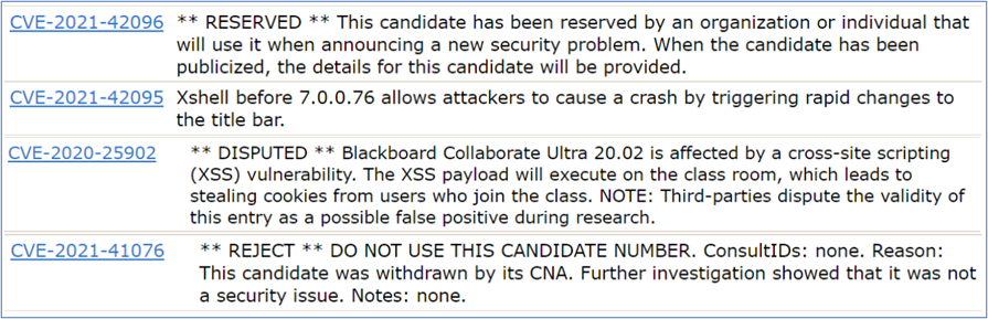 Aurkeztu ditzakeen egoerak barne hartzen dituen CVEren adibideak dituen zerrenda baten irudia.