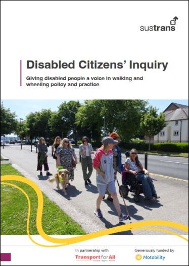 Portada del informe sobre la encuesta de movilidad, con personas caminando por la calle con diferentes tipos de apoyo de accesibilidad: silla de ruedas, bast&oacute;n y perro gu&iacute;a