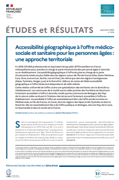Reproducci&oacute;n parcial de la portada del siguiente documento 'Accessibilit&eacute; g&eacute;ographique &agrave; l'offre m&eacute;dico-sociale et sanitaire pour les personnes &acirc;g&eacute;es: une approche territoriale' (&Eacute;tudes et R&eacute;sultats, n&ordm; 1279, DREES, 2023)