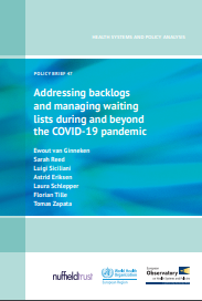  Imagen parcial de la portada del documento 'Addressing backlogs and managing waiting lists during and beyond the COVID-19 pandemic' (European Observatory on Health Systems and Policies, 2022)