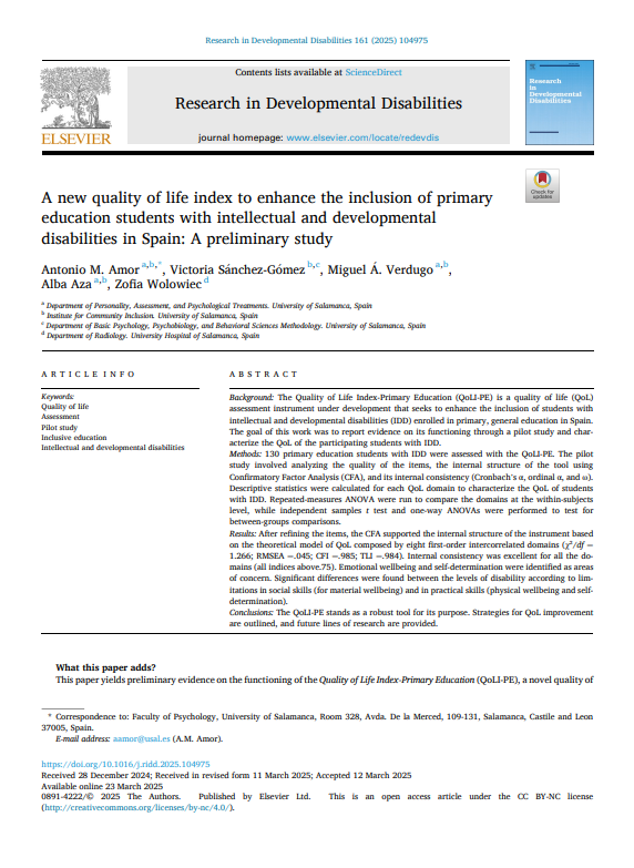 Reproducci&oacute;n total de la portada del documento 'A new quality of life index to enhance the inclusion of primary education students with intellectual and developmental disabilities in Spain: A preliminary study.'