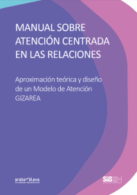 Reproducci&oacute;n total de la portada del documento 'Manual sobre atenci&oacute;n centrada en las relaciones. Aproximaci&oacute;n te&oacute;rica y dise&ntilde;o de un Modelo de Atenci&oacute;n GIZAREA (Diputaci&oacute;n Foral de &Aacute;lava, 2023)'