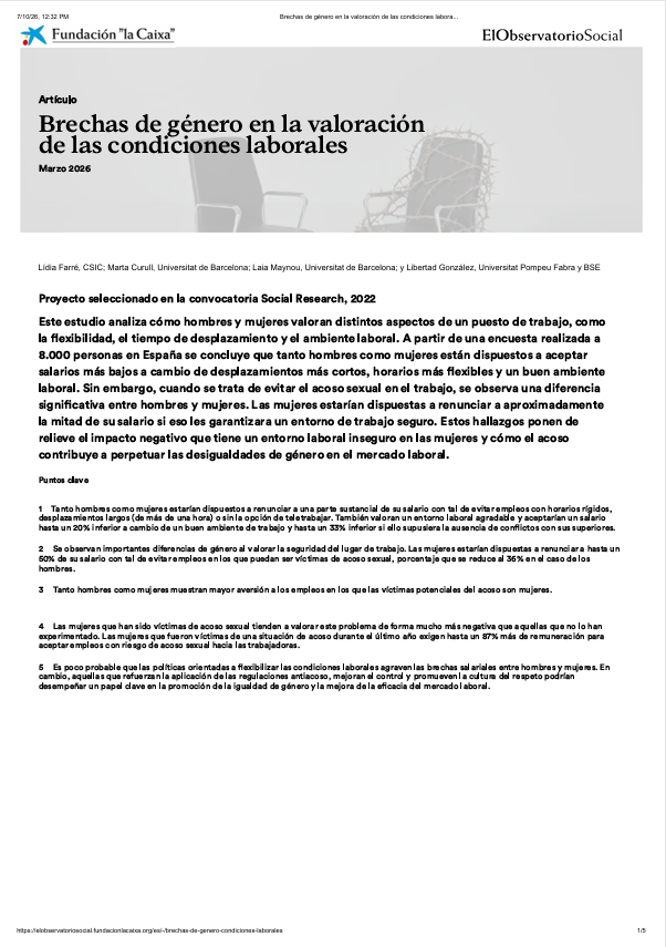 'Brechas de g&eacute;nero en la valoraci&oacute;n de las condiciones laborales' dokumentuaren azalaren erreprodukzio osoa
