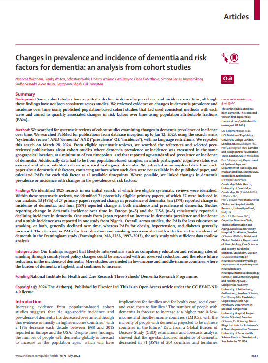 'Changes in prevalence and incidence of dementia and risk factors for dementia: an analysis from cohort studies (The Lancet Public Health, Vol.9, N&ordm; 7, 2024)' dokumentuaren azalaren erreprodukzio osoa