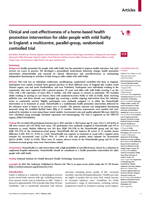 Reproducci&oacute;n total de la portada del documento 'Clinical and cost-effectiveness of a home-based health promotion intervention for older people with mild frailty in England: a multicentre, parallel-group, randomised controlled trial'