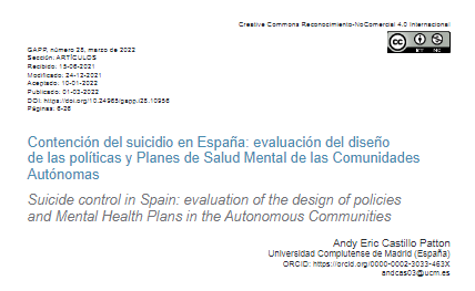 Imagen parcial de la portada del documento 'Contención del suicidio en España: evaluación del diseño de las políticas y Planes de Salud Mental en las Comunidades Autónomas' (Gestión y Análisis de Políticas Públicas, n. 28, 2022)