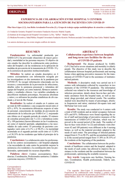 Experiencia de colaboración entre hospital y centros sociosanitarios para la atención de pacientes con COVID-19 (Revista Española de Salud Pu?blica. 2021; Vol. 95: 14 de abril)