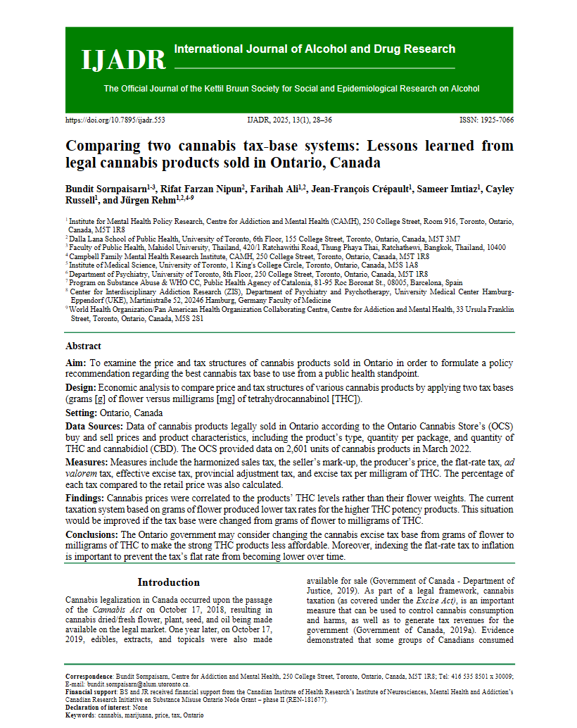 Reproducci&oacute;n total de la portada del documento 'Comparing two cannabis tax-base systems: Lessons learned from legal cannabis products sold in Ontario, Canada.'
