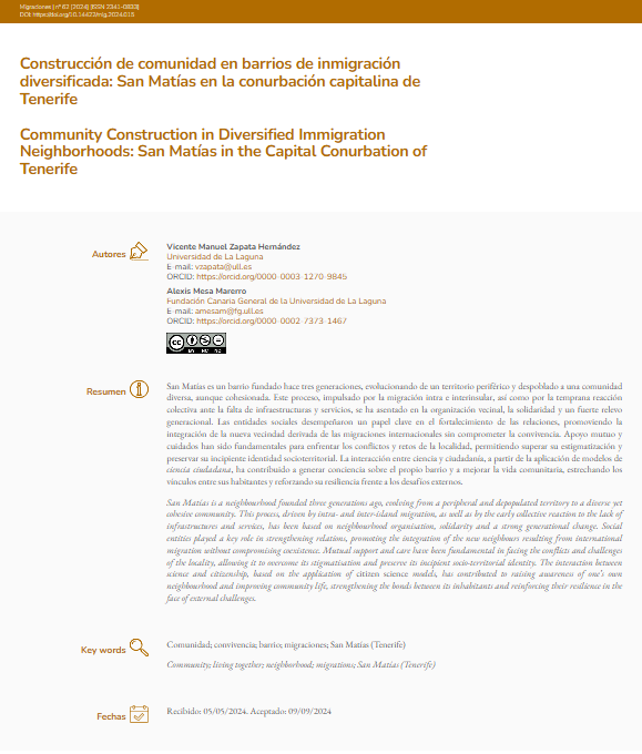 Reproducci&oacute;n total de la portada del documento 'Construcci&oacute;n de comunidad en barrios de inmigraci&oacute;n diversificada: San Mat&iacute;as en la conurbaci&oacute;n capitalina de Tenerife.'