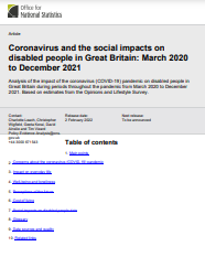 'Coronavirus and the social impacts on disabled people in Great Britain: March 2020 to December 2021' (Office for National Statistics, 2022)  dokumentoaren azalaren zati bat erreprodukzioa