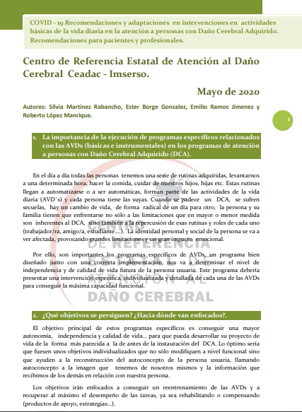 COVID - 19 Recomendaciones y adaptaciones en intervenciones en actividades básicas de la vida diaria en la atención a personas con Daño Cerebral Adquirido