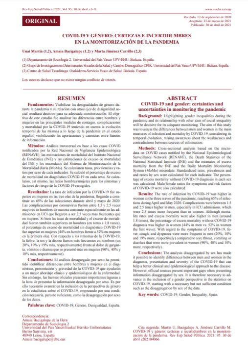 COVID-19 y género: certezas e incertidumbres en la monitorización de la pandemia (Revista Española de Salud Pública. 2021; Vol. 95: 30 de abril)