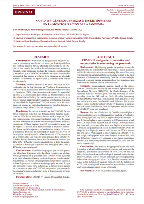 COVID-19 y g&eacute;nero: certezas e incertidumbres en la monitorizaci&oacute;n de la pandemia (Revista Espa&ntilde;ola de Salud P&uacute;blica. 2021; Vol. 95: 30 de abril)