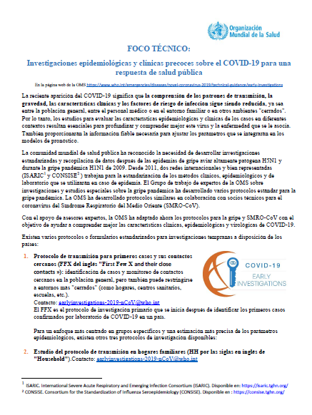 Investigaciones epidemiológicas y clínicas precoces sobre el COVID-19 para una respuesta de salud pública (OMS)