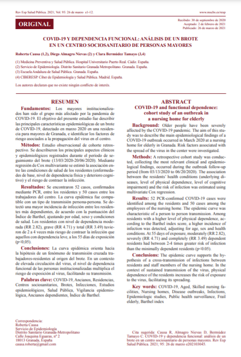 COVID-19 y dependencia funcional: an&aacute;lisis de un brote en un centro sociosanitario de personas mayores (Revista Espa&ntilde;ola de Salud Pu?blica. 2021; Vol. 95: 26 de marzo) 