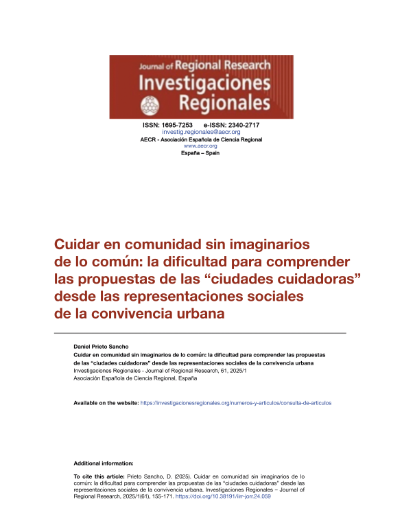 'Cuidar en comunidad sin imaginarios de lo com&uacute;n: la dificultad para comprender las propuestas de las "ciudades cuidadoras" desde las representaciones sociales de la convivencia urbana' dokumentuaren azalaren erreprodukzio osoa.