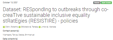 'Dataset: RESpondIng to outbreaks through co-creaTIve sustainable inclusive equality stRatEgies (RESISTIRÉ) - policies' dokumentoaren azalaren zati bat erreprodukzioa