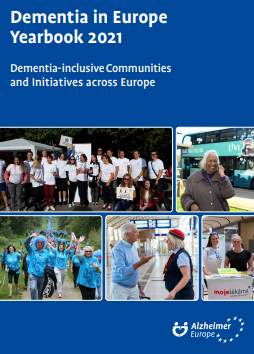 'Dementia in Europe Yearbook 2021. Dementia-inclusive communities and initiatives across Europe' (Alzheimer Europe, 2022)  txostenaren azalaren zati bat erreprodukzioa