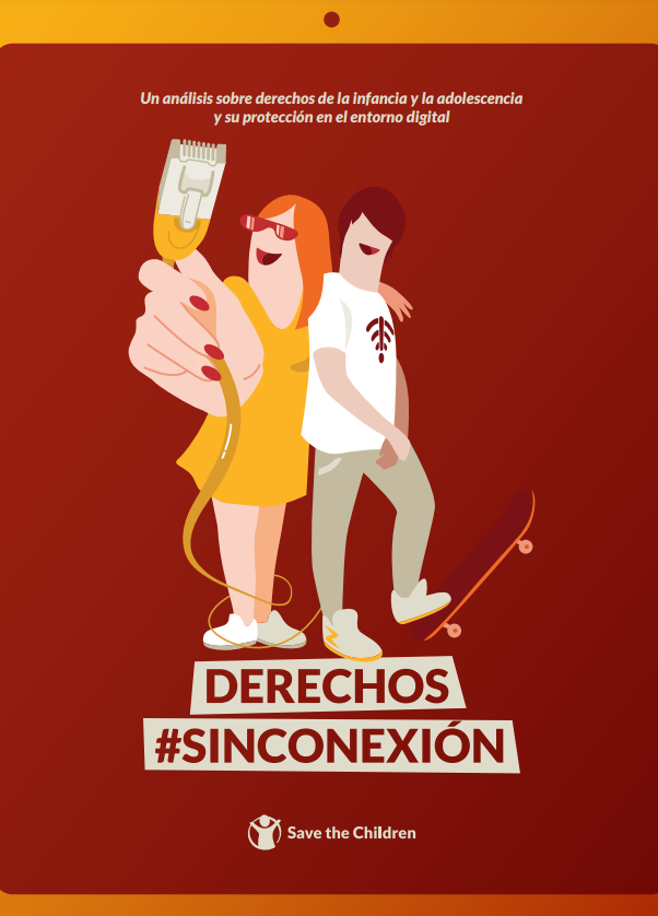 'Derechos sin conexi&oacute;n. Un an&aacute;lisis sobre derechos de la infancia y la adolescencia y su protecci&oacute;n en el entorno digital (Save the Children Espa&ntilde;a, 2024)' dokumentuaren azalaren erreprodukzio osoa