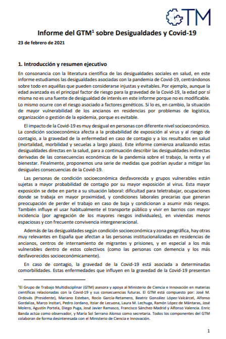 Informe del Grupo de Trabajo Multidisciplinar (GTM) sobre Desigualdades y COVID-19. Ministerio de Ciencia e Innovaci&oacute;n, Gobierno de Espa&ntilde;a, 2021