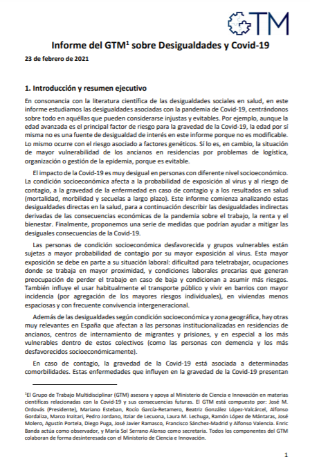 Informe del Grupo de Trabajo Multidisciplinar (GTM) sobre Desigualdades y COVID-19. Ministerio de Ciencia e Innovación, Gobierno de España, 2021