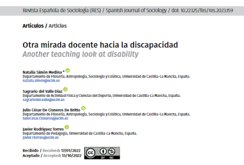 Reproducci&oacute;n parcial de la portada del documento  'Otra mirada docente hacia la discapacidad' (Revista Espa&ntilde;ola de Sociolog&iacute;a, Vol. 32, N&uacute;m. 2, 2023)