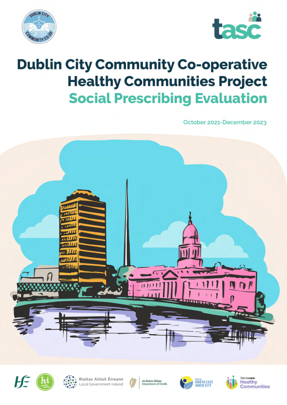 Reproducci&oacute;n total de la portada del documento 'Dublin City Community Co-operative Healthy Communities Project. Social Prescribing Evaluation (TASC, 2024)'
