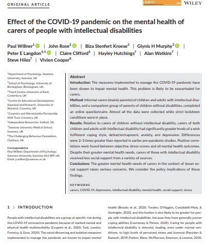 Effect of the covid-19 pandemic on the mental health of carers of people with intellectual disabilities (Journal of Applied Research in Intellectual Disabilities, 2020)