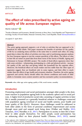 The effect of roles prescribed by active ageing on quality of life across European regions (Aging & Society, 2021)