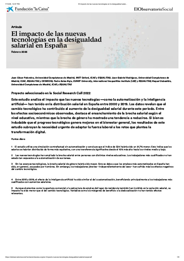 Reproducci&oacute;n total de la portada del documento 'El impacto de las nuevas tecnolog&iacute;as en la desigualdad salarial en Espa&ntilde;a'