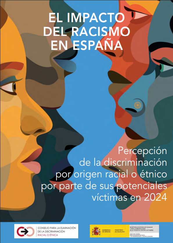 'El impacto del racismo en Espa&ntilde;a. Percepci&oacute;n de la discriminaci&oacute;n por origen racial o &eacute;tnico por parte de sus potenciales v&iacute;ctimas en 2024' dokumentuaren azalaren erreprodukzio osoa